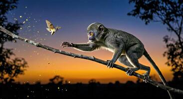 A monkey is reaching for a butterfly in the air photo
