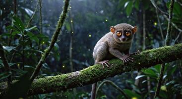 A small monkey sitting on a branch in the rainforest photo