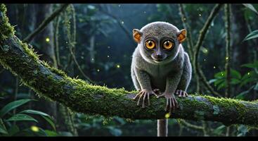 A small monkey sitting on a branch in the forest photo