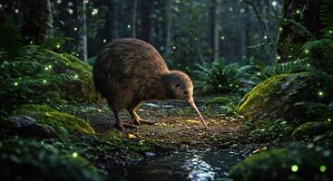 A kiwi is walking through the forest with glowing lights photo
