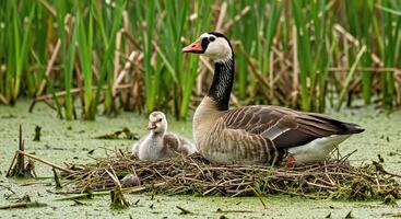 A mother goose and her baby duck in a marsh photo
