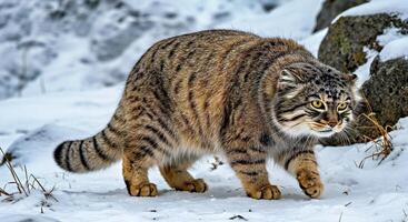 A striped cat walking in the snow photo