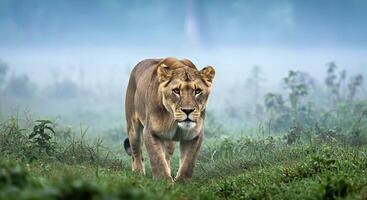 A lion walking through a field with foggy trees photo