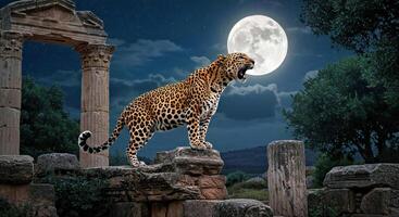 A leopard standing on top of a stone wall with the moon in the background photo