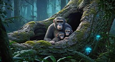 Three monkeys sitting in a tree in the forest photo