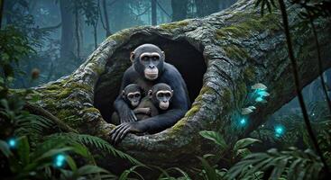 The three monkeys are sitting in a tree photo