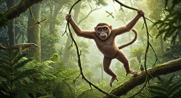 A monkey hanging from a tree in the jungle photo