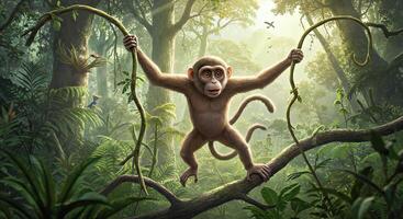 A monkey is hanging from a tree branch in the jungle photo