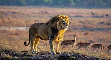 A lion standing on a rock with deer in the background photo