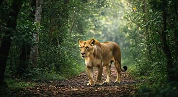 A lion walking through a forest photo