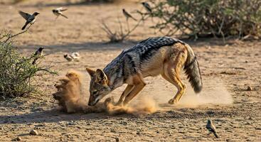 A bird is flying around a dog in the desert photo