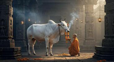 A monk is kneeling down next to a cow photo