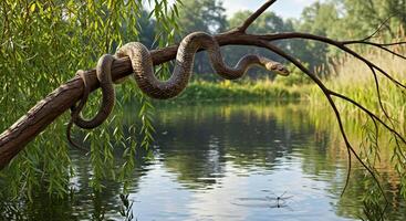 A snake is hanging from a branch near a lake photo