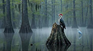 A bird is perched on a tree stump in a swamp photo
