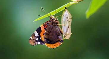 A butterfly is sitting on a leaf with a chrysalis on it photo
