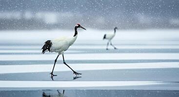 Two red-crowned cranes walk across the ice in a snowy field photo