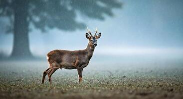 A deer stands in the rain in front of a tree photo