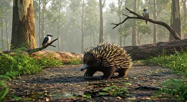 A small echidna walking through a forest photo