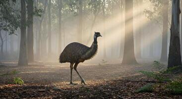 A bird walking through a forest with sunlight shining through the trees photo