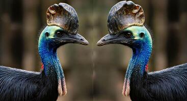 Two birds with different colored feathers standing next to each other photo
