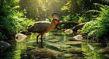 A bird standing in a stream surrounded by rocks photo