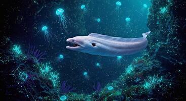 An eel swimming in the ocean with jellyfish photo