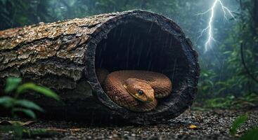 Snake in a log in the rain photo
