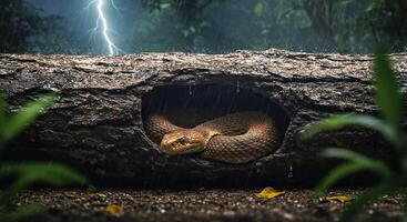 A snake hiding in a tree trunk in the rain photo