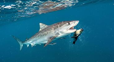 A tiger shark with its mouth open and a fish in its mouth photo