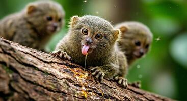Three small monkeys sitting on a branch with their mouths open photo