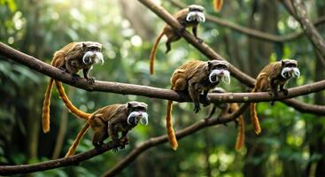 A group of monkeys with long tails sitting on a tree branch photo