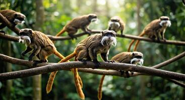 A group of monkeys sitting on a branch photo