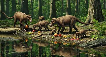 A group of animals eating fruit in the woods photo