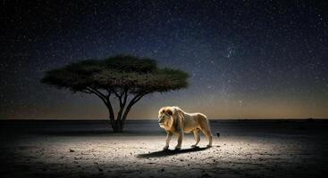A lion stands in the middle of a field at night photo