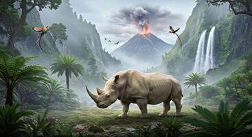 A rhino in a jungle with a waterfall and birds photo