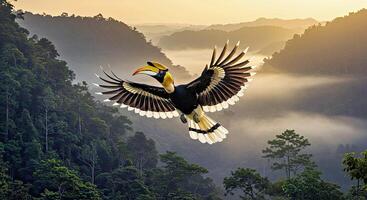 A bird flying over a forest with trees and mountains photo