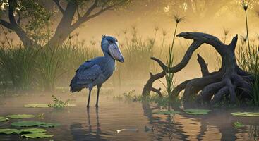 A bird standing in a swamp with trees and water photo