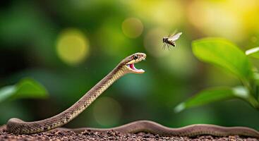 A snake is eating a bee in the air photo