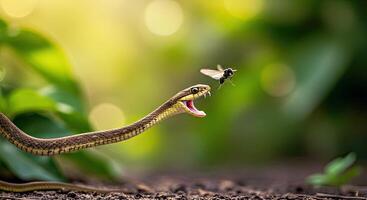 A snake with its mouth open and a bee flying by photo