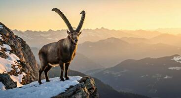 A goat standing on top of a mountain with a sun setting behind it photo