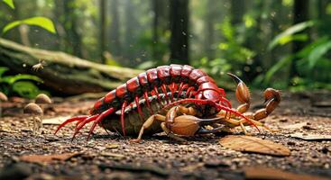 A scorpion is crawling on the ground in the forest photo