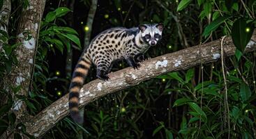 A small animal is sitting on a branch in the dark photo