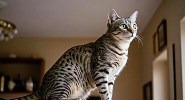 A cat sitting on a table looking out the window photo