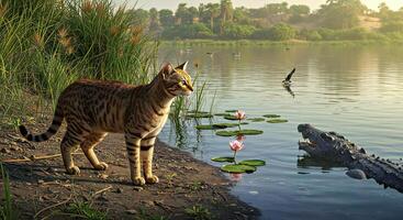A cat and an alligator are in the water photo