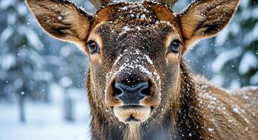 A close up of a deer in the snow photo