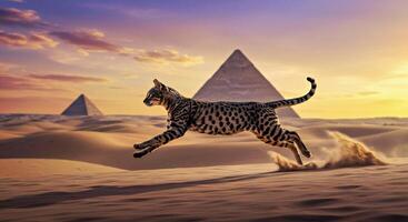 A leopard running in the desert with pyramids in the background photo