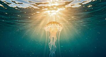 A jellyfish floating in the ocean with sunlight shining down photo