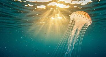 A jellyfish floating in the ocean with sunlight shining through photo