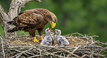 A large eagle feeds two baby birds in its nest photo