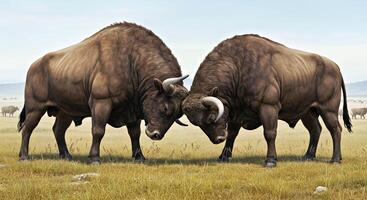 Two large brown bison fighting in a field photo